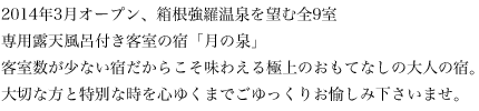 2014年3月オープン、箱根強羅温泉を望む全9室　専用露天風呂付き客室の宿「月の泉」客室数が少ない宿だからこそ味わえる極上のおもてなしの大人の宿。大切な方と特別な時を心ゆくまでごゆっくりお愉しみ下さいませ。